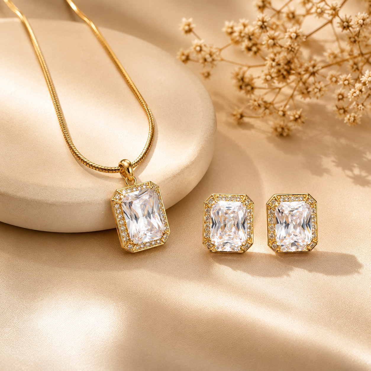 Emerald-Cut Clear CZ Necklace & Earring Set - Gold Plated