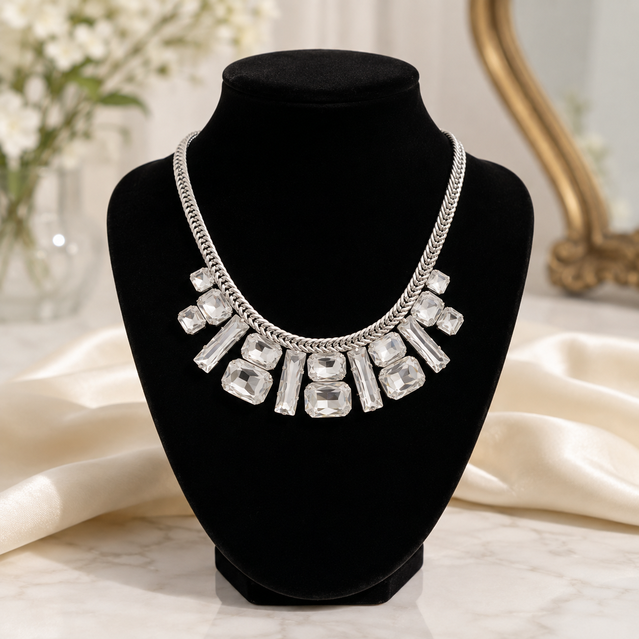 Crystal Statement Necklace - Silver Tone