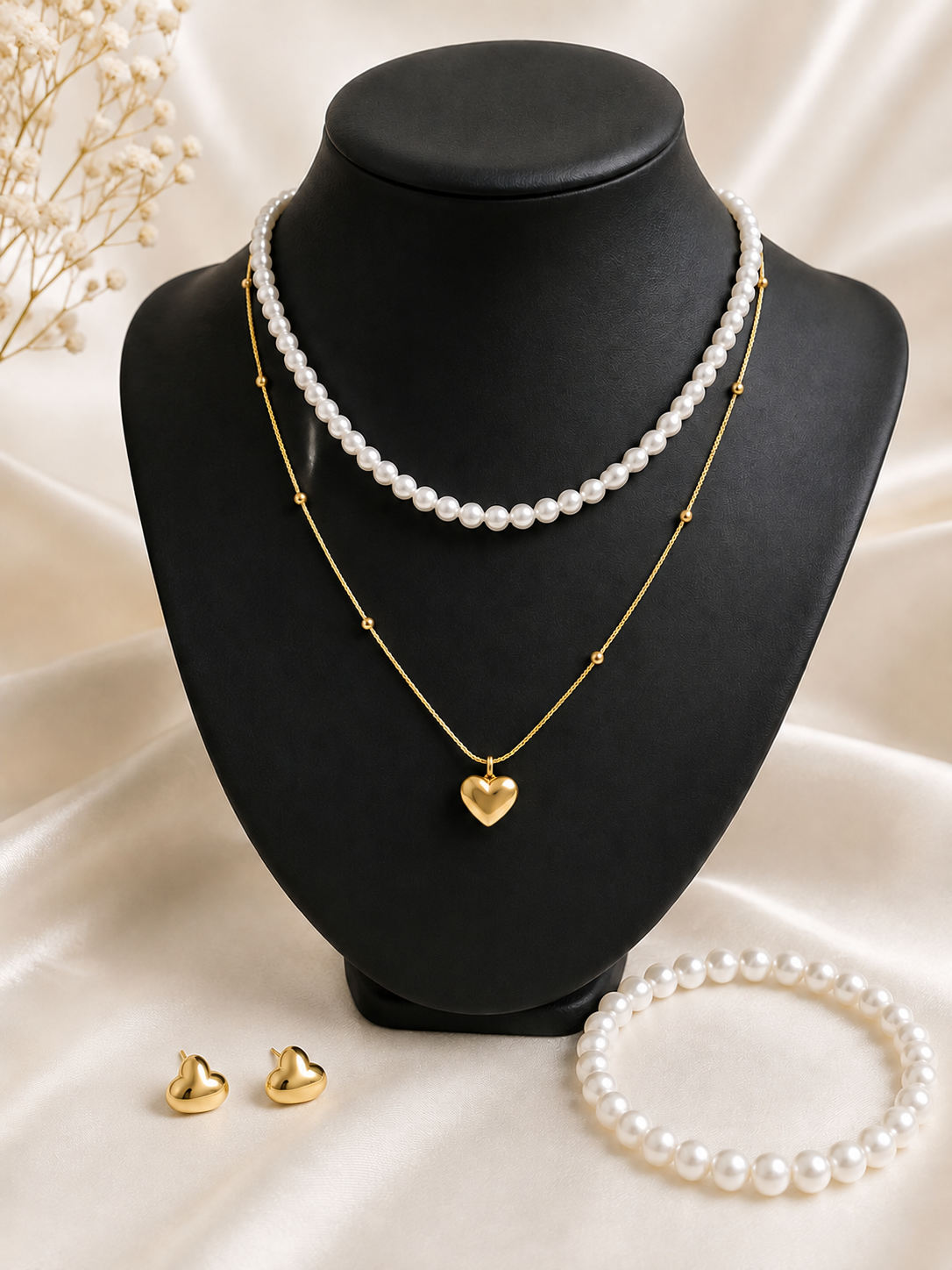 Pearl & Gold Heart Layered Necklace, Earring & Bracelet Set