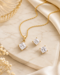 Princess-Cut CZ Necklace & Earring Set - Gold Plated
