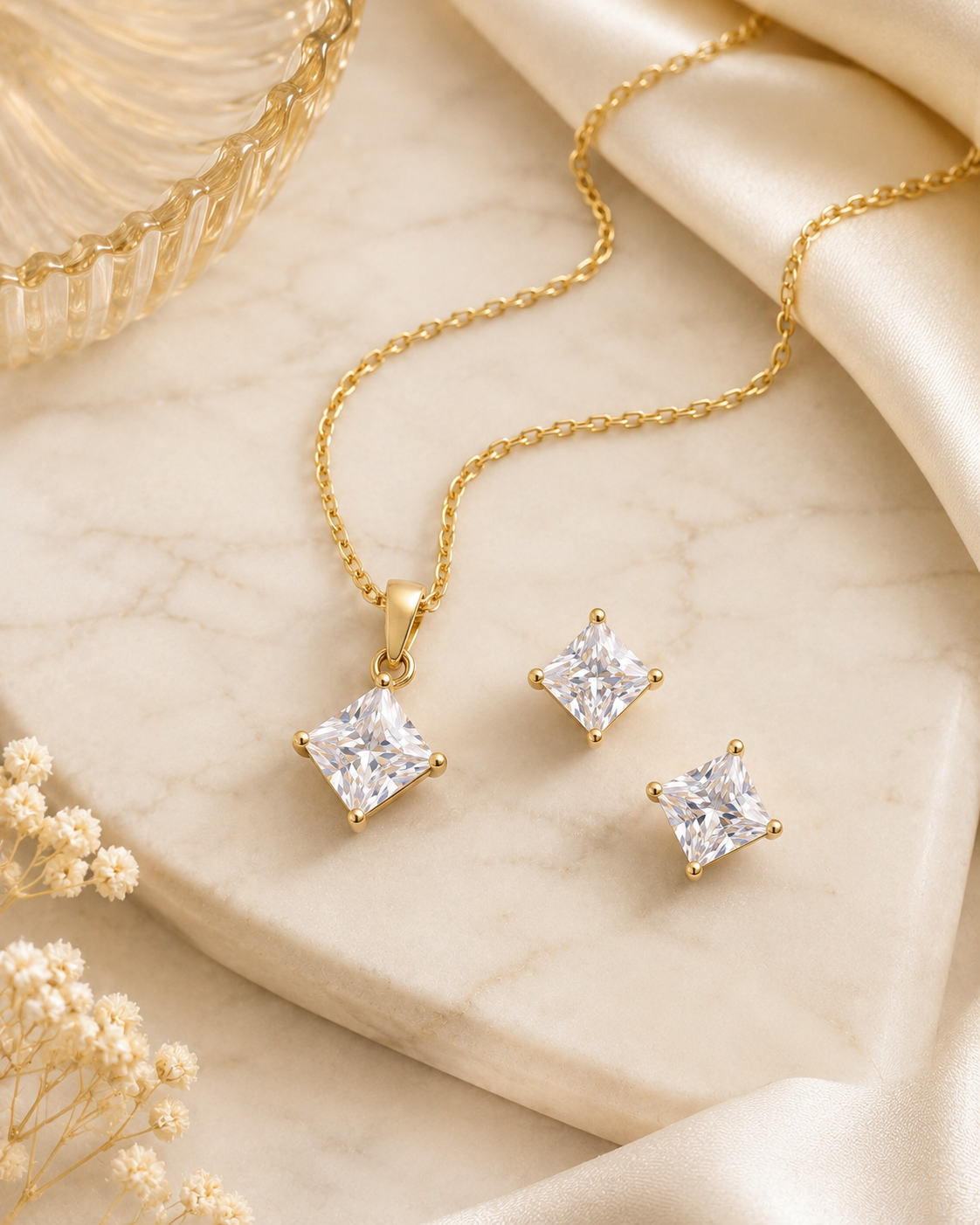Princess-Cut CZ Necklace & Earring Set - Gold Plated