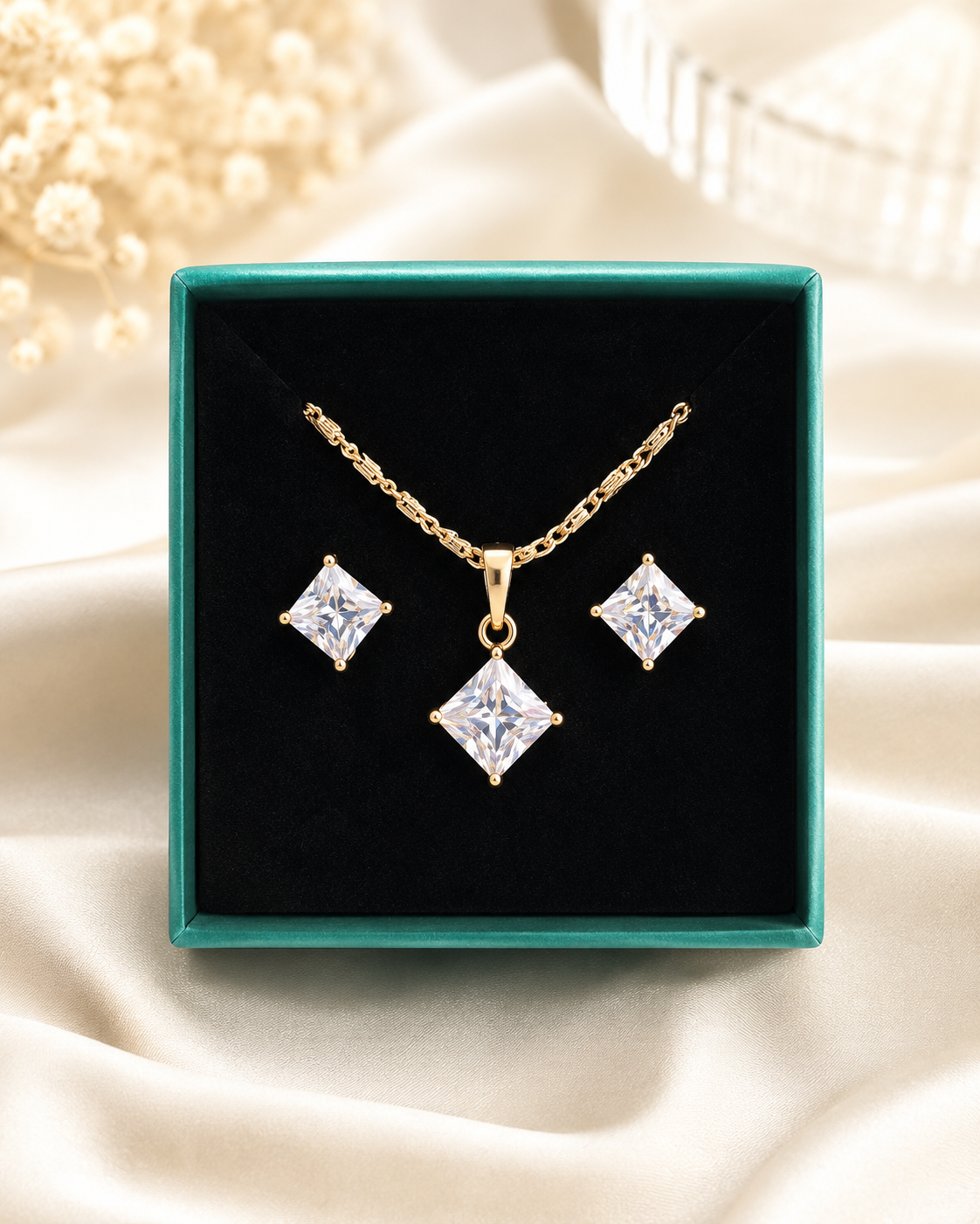 Princess-Cut CZ Necklace & Earring Set - Gold Plated