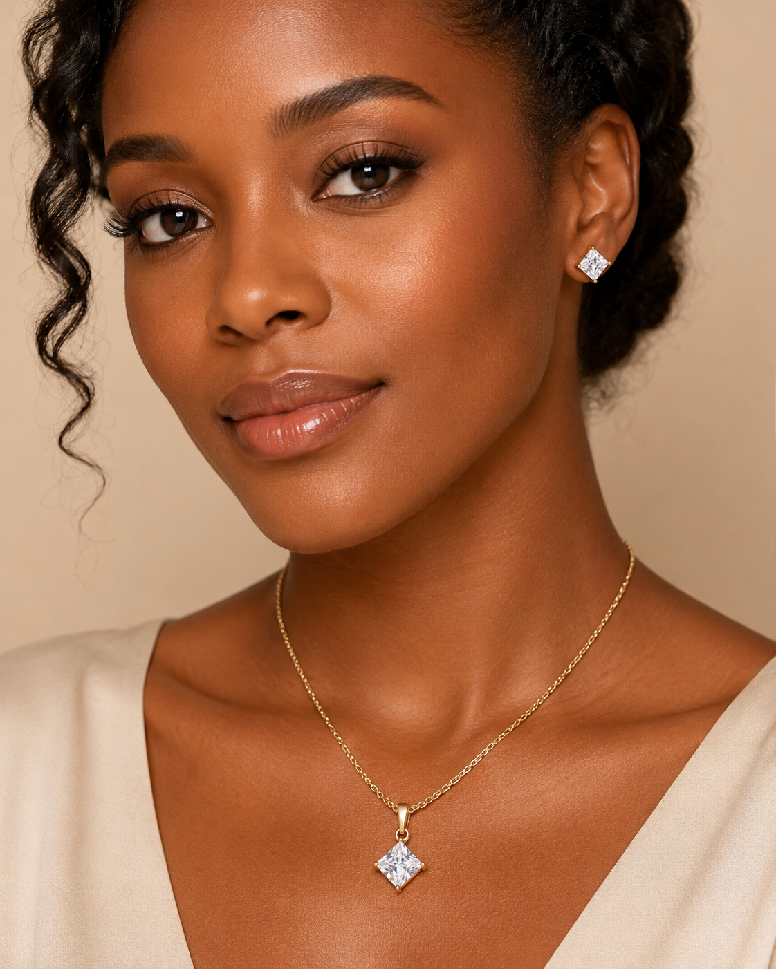 Princess-Cut CZ Necklace & Earring Set - Gold Plated