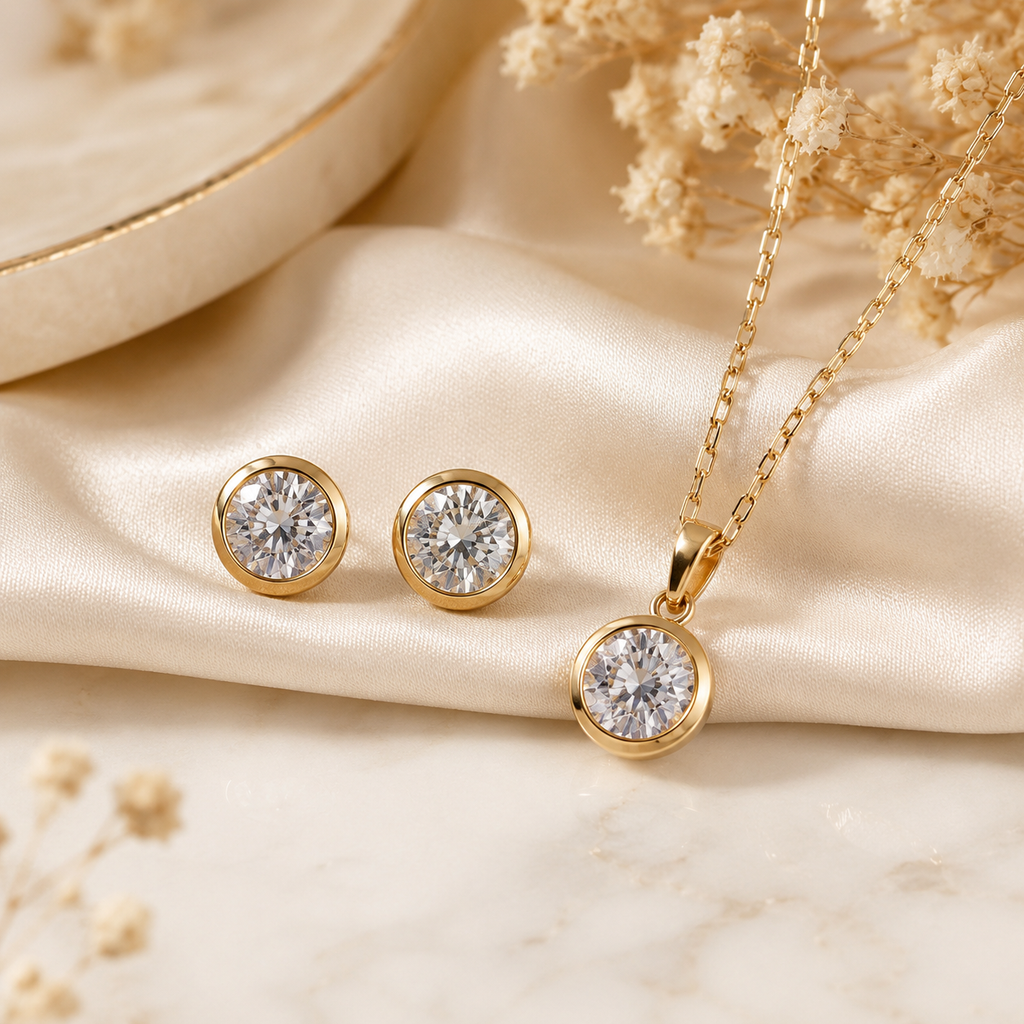 Round Bezel-Set CZ Necklace & Earring Set - Gold Plated