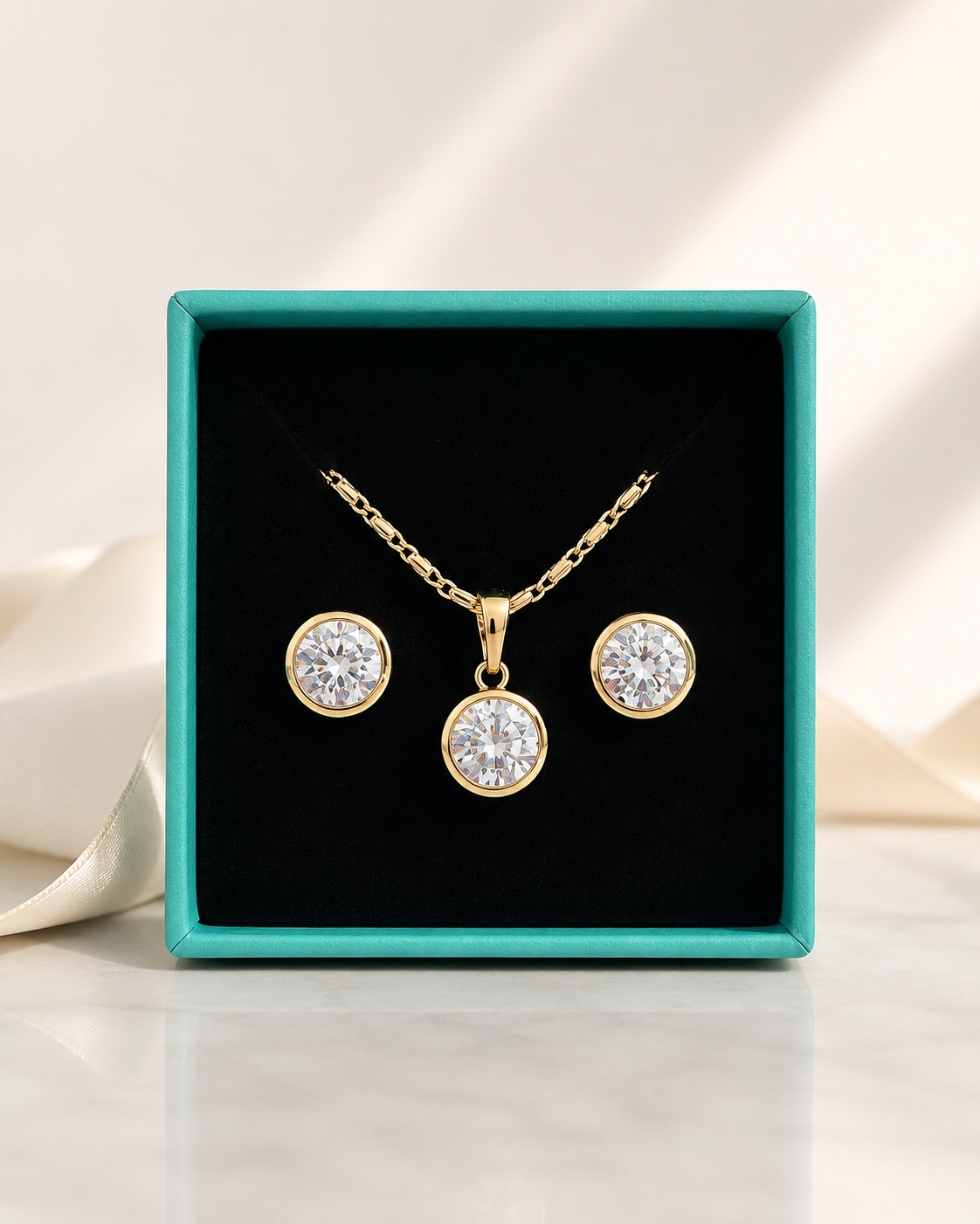 Round Bezel-Set CZ Necklace & Earring Set - Gold Plated