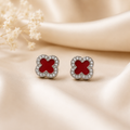 Red Clover CZ Stud Earrings - Pavé Halo, Silver Tone