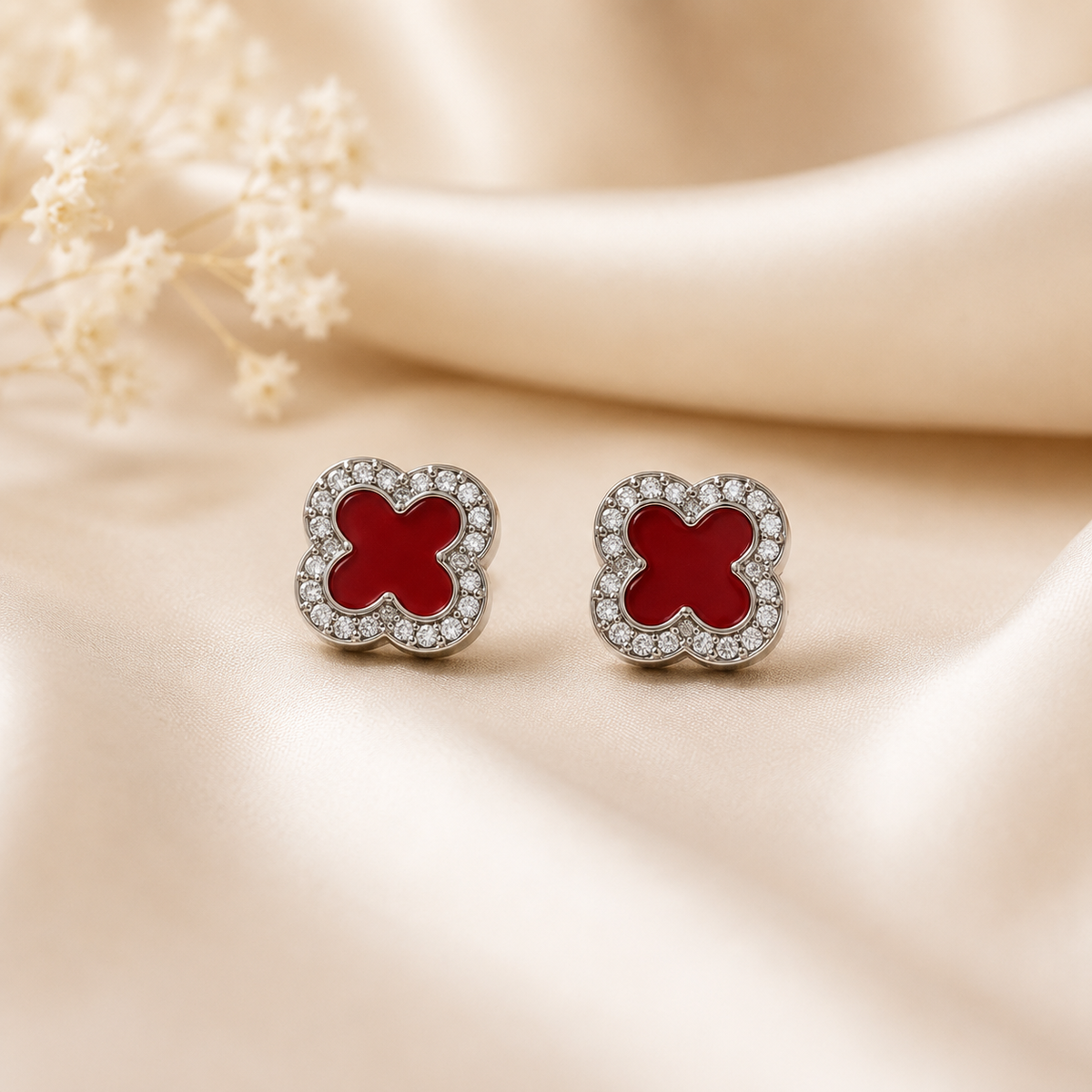 Red Clover CZ Stud Earrings - Pavé Halo, Silver Tone