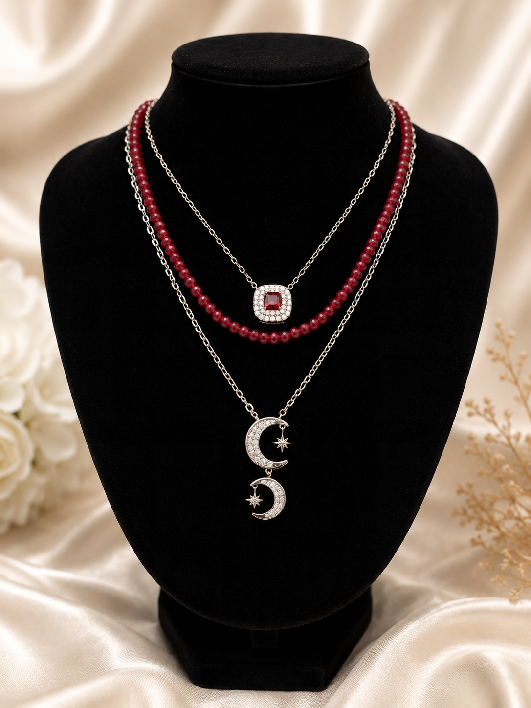 Ruby Red Cushion-Cut Halo Pendant Necklace - Silver Tone