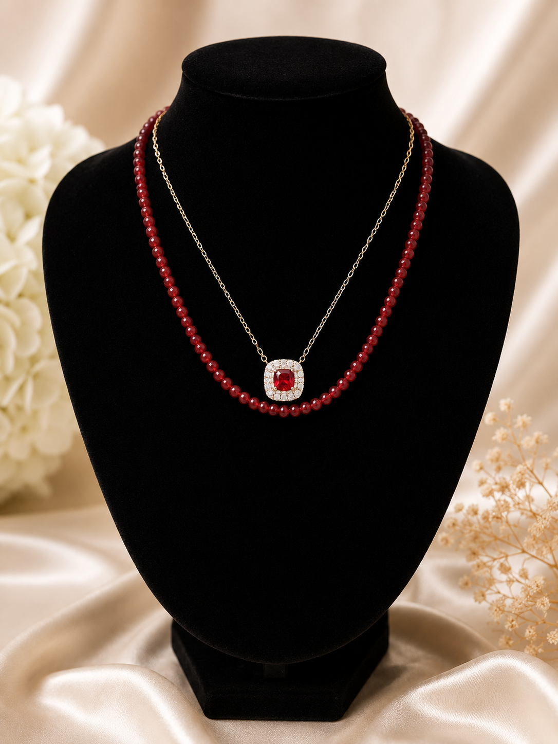 Ruby Red Cushion-Cut Halo Pendant Necklace - Silver Tone