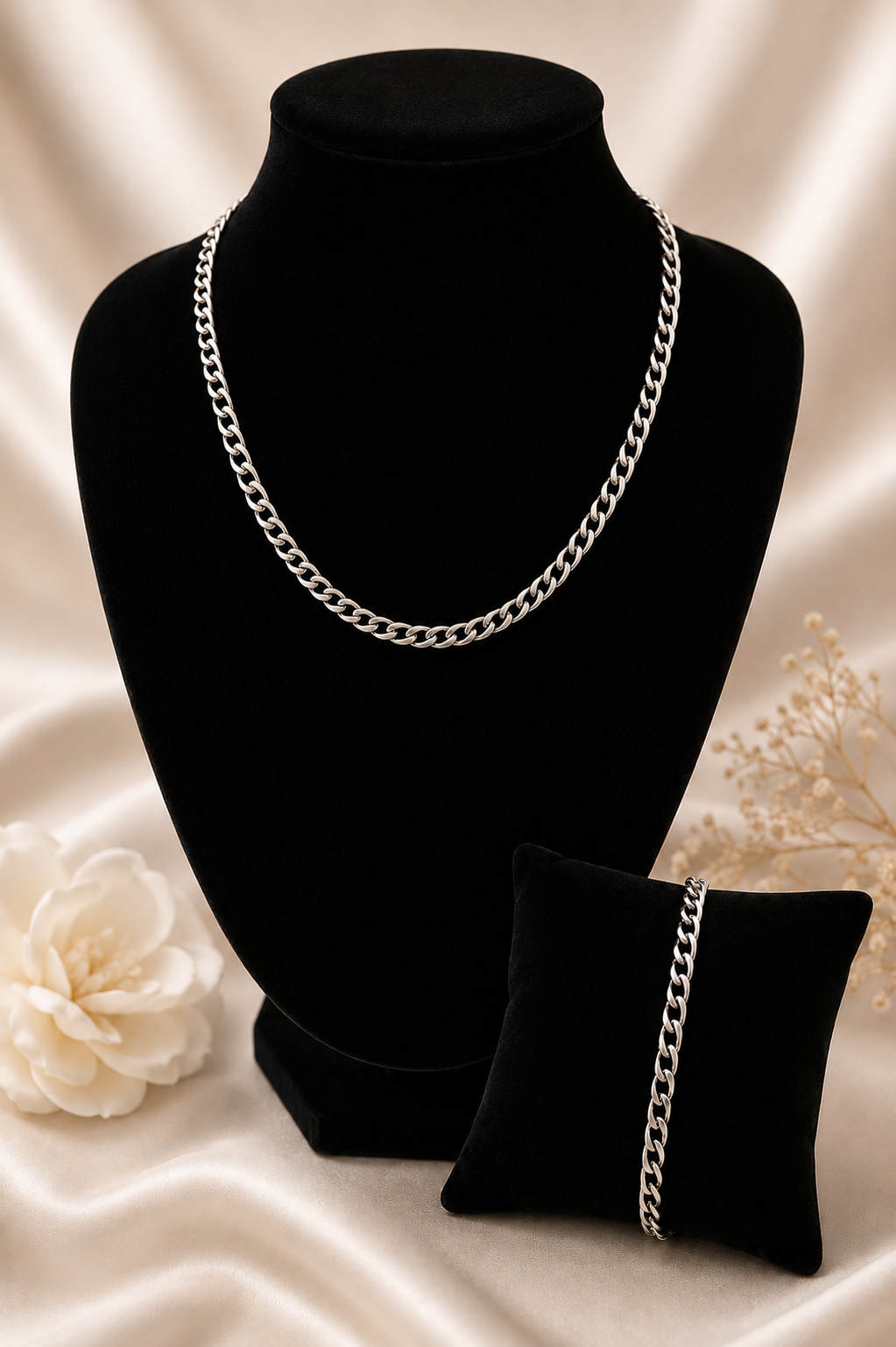 Silver Curb Chain Necklace & Bracelet Set - Stainless Steel