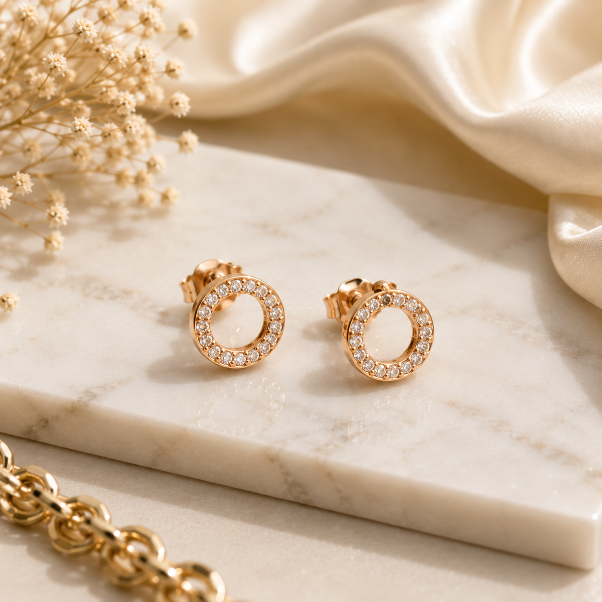 18K Gold Plated Open Circle CZ Stud Earrings