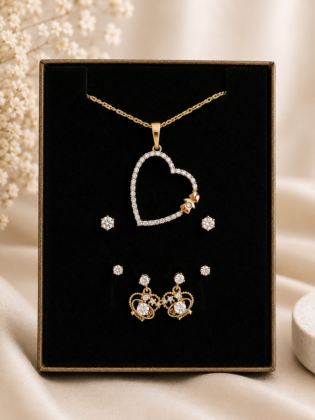 Open Heart Pendant Necklace & Earring Set - Gold Plated