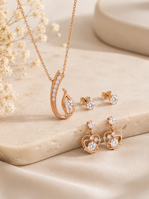 18K Gold Plated Flame Wave CZ Pendant Necklace & Earring Set