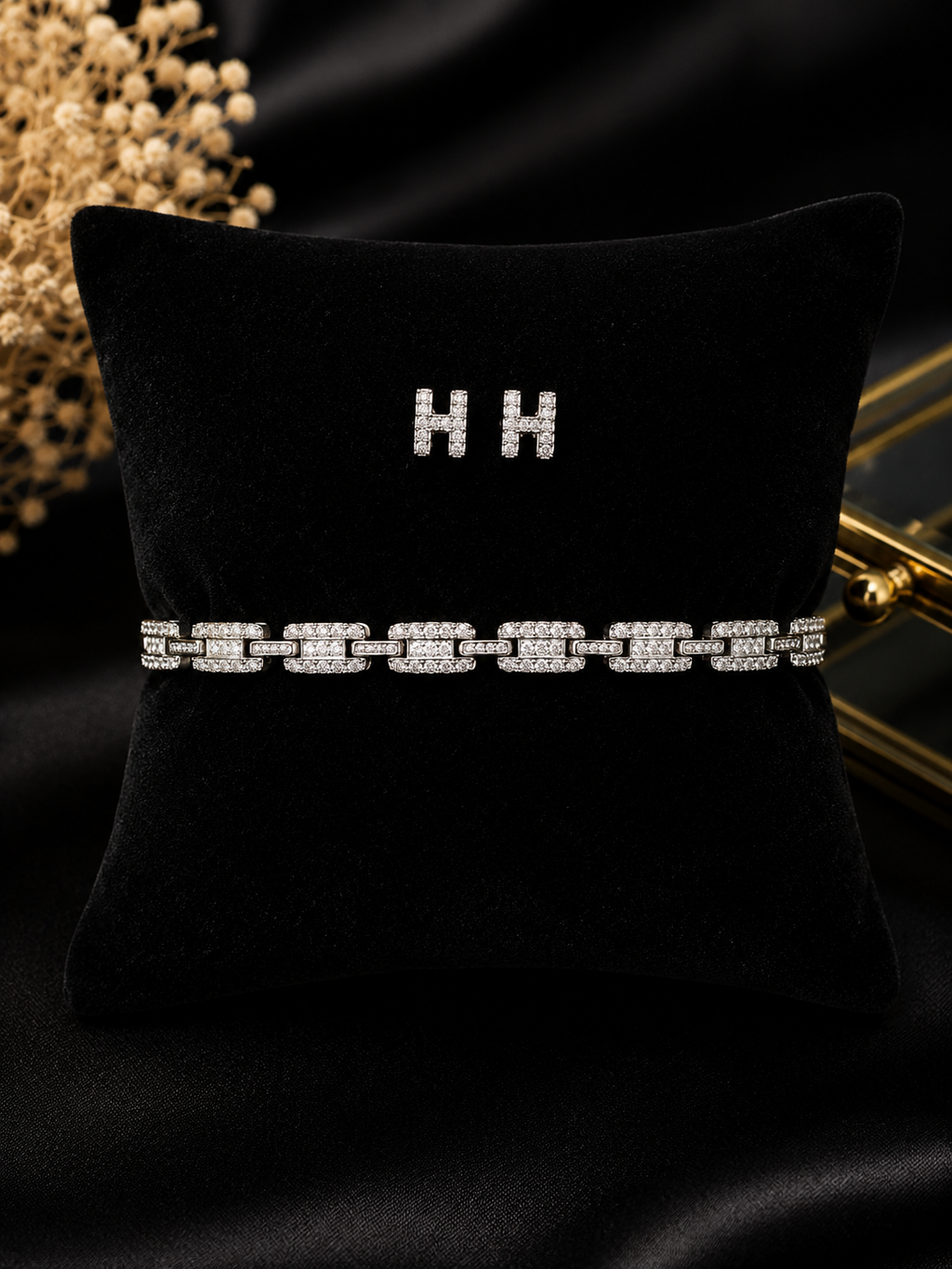 Pavé Link Bracelet & Stud Earring Set - Platinum Plated