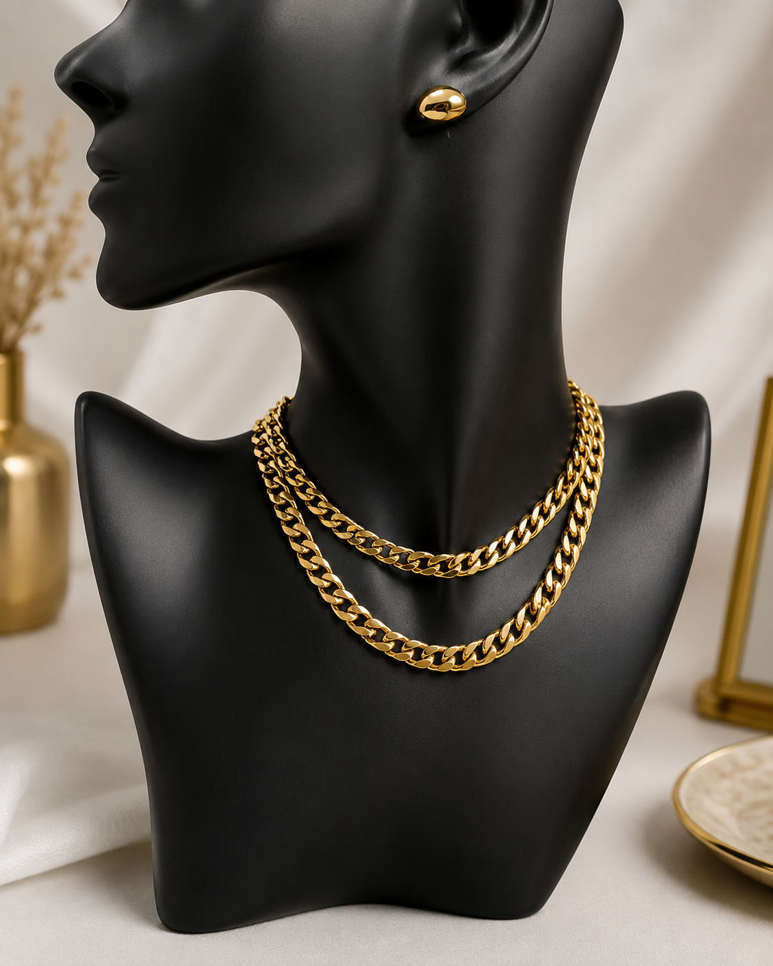 Gold Double-Layered Curb Chain Necklace & Stud Earring Set - Stainless Steel