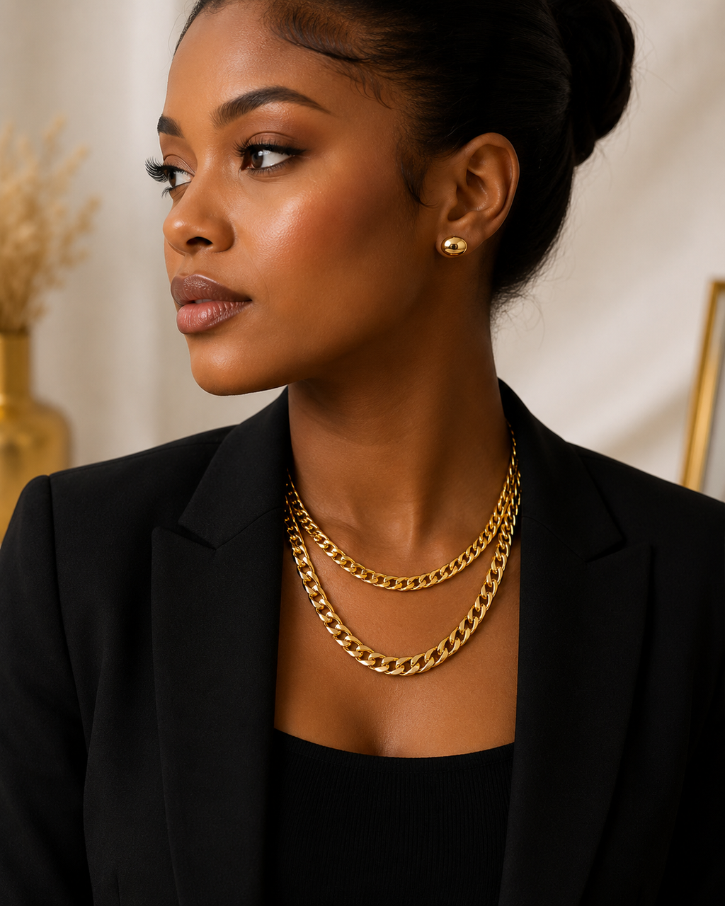 Gold Double-Layered Curb Chain Necklace & Stud Earring Set - Stainless Steel