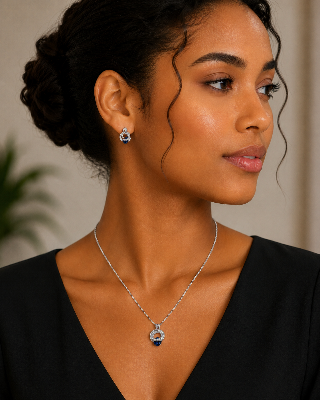 Sapphire Blue Interlocking Circle Halo Necklace & Earring Set - Silver Tone