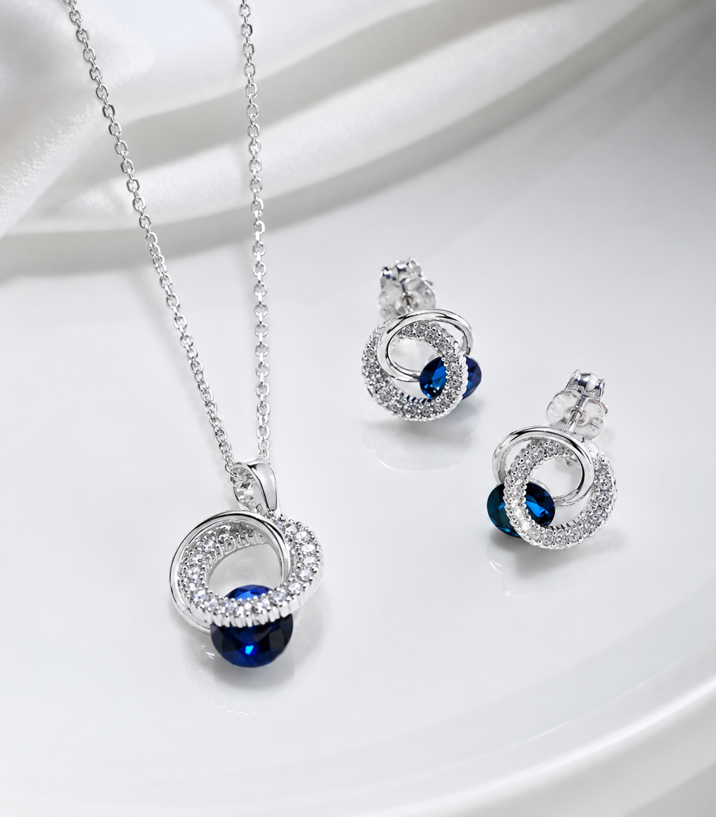 Sapphire Blue Interlocking Circle Halo Necklace & Earring Set - Silver Tone