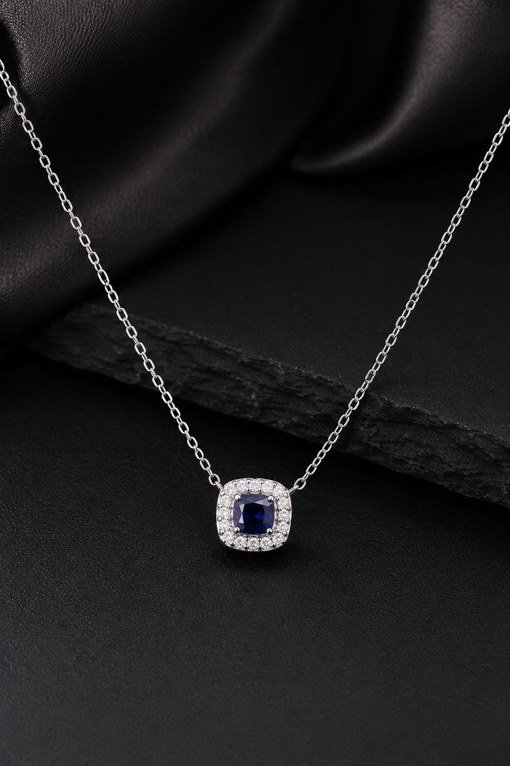 Sapphire Blue Cushion-Cut Halo Pendant Necklace