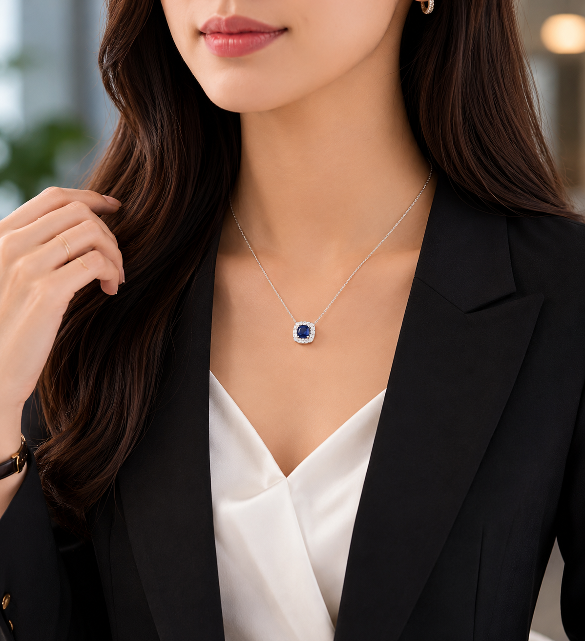 Sapphire Blue Cushion-Cut Halo Pendant Necklace