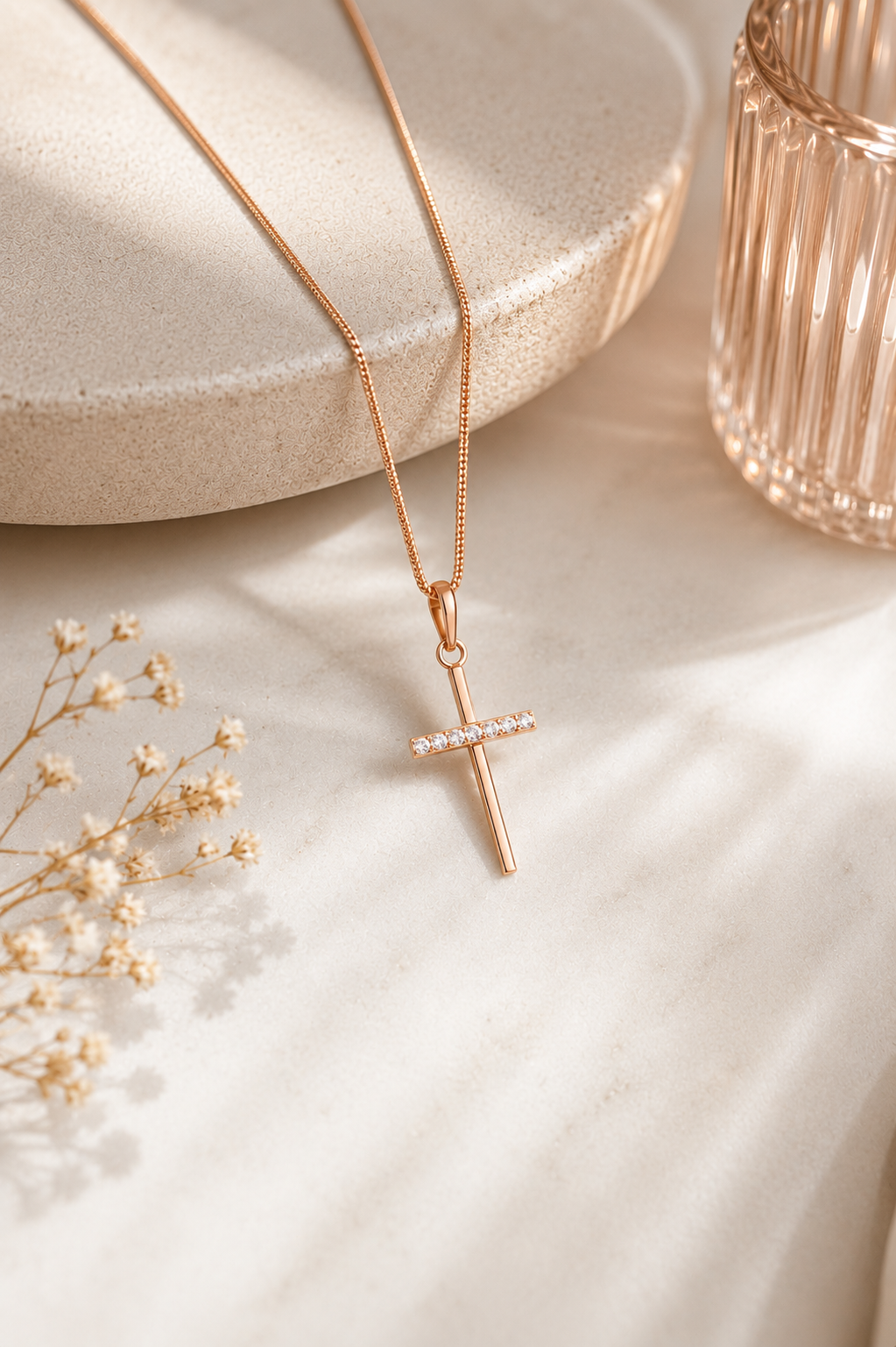 Rose Gold Cross Pendant Necklace with CZ Accents