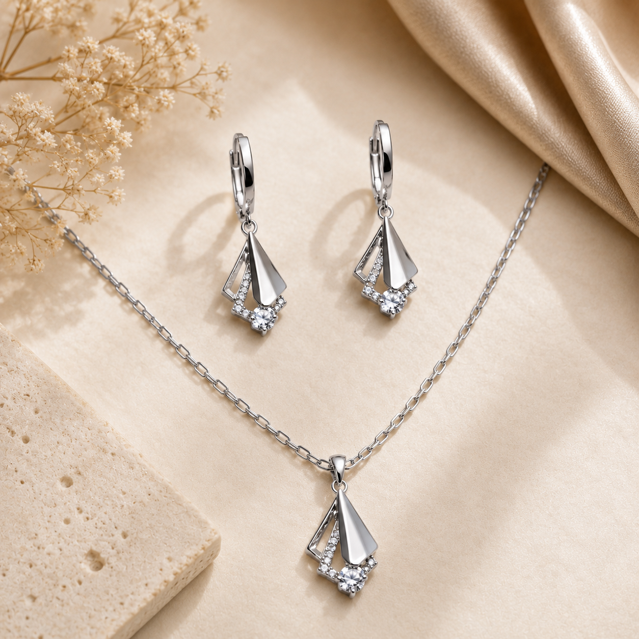 Silver Crystal Teardrop Jewelry Set
